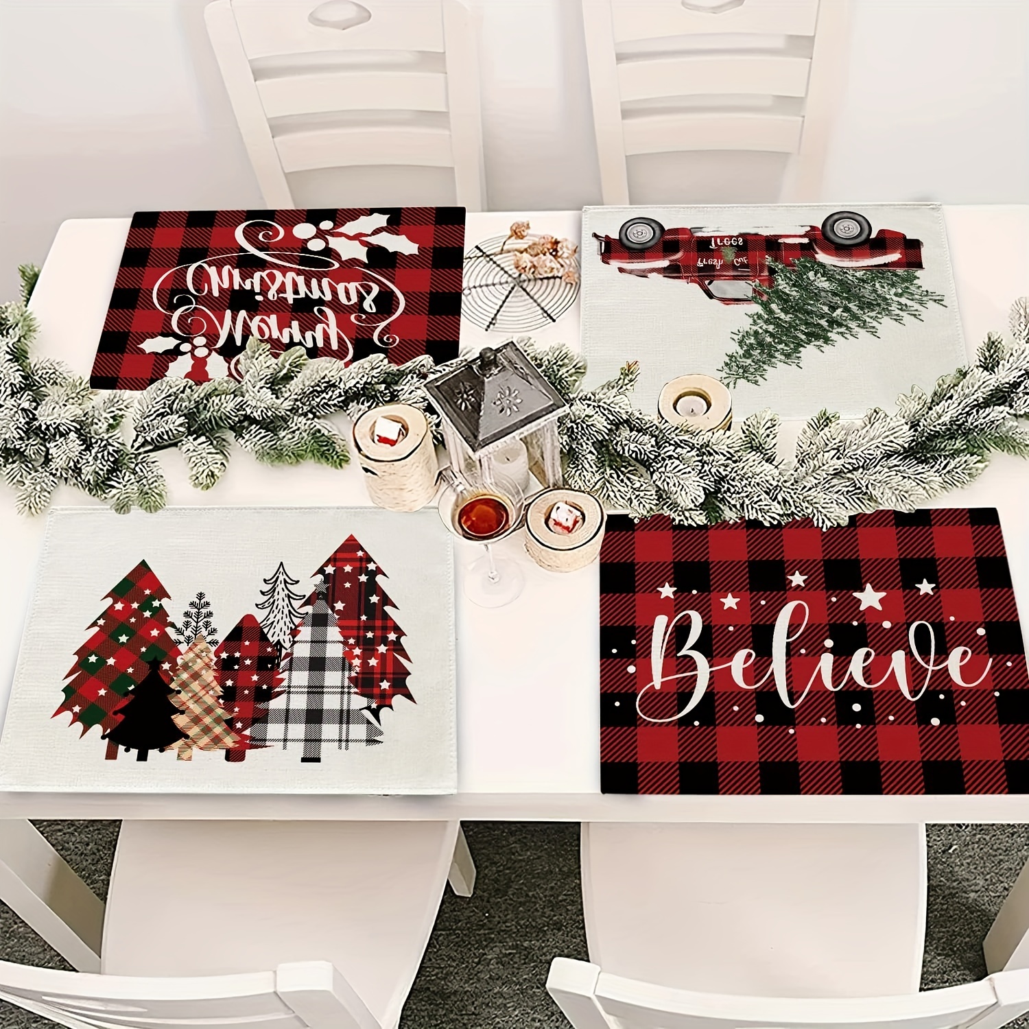 Set Of 4, Christmas Placemat For Dining Table, 12 X 18 Inch Red And Black  Buffalo Plaid Christmas Tree Pine Truck Table Mats, Seasonal Winter Holiday