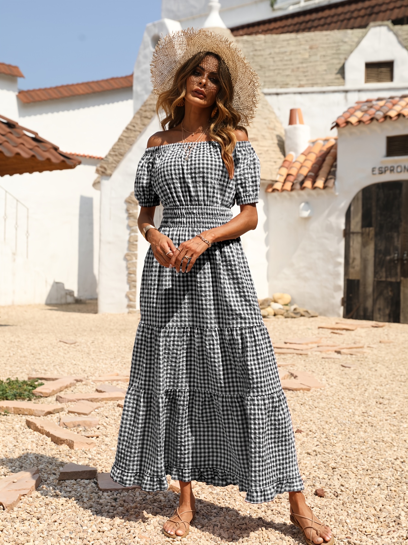 Off Shoulder Plaid Dress, Vocation Casual Puff Short Sleeve Ruffle