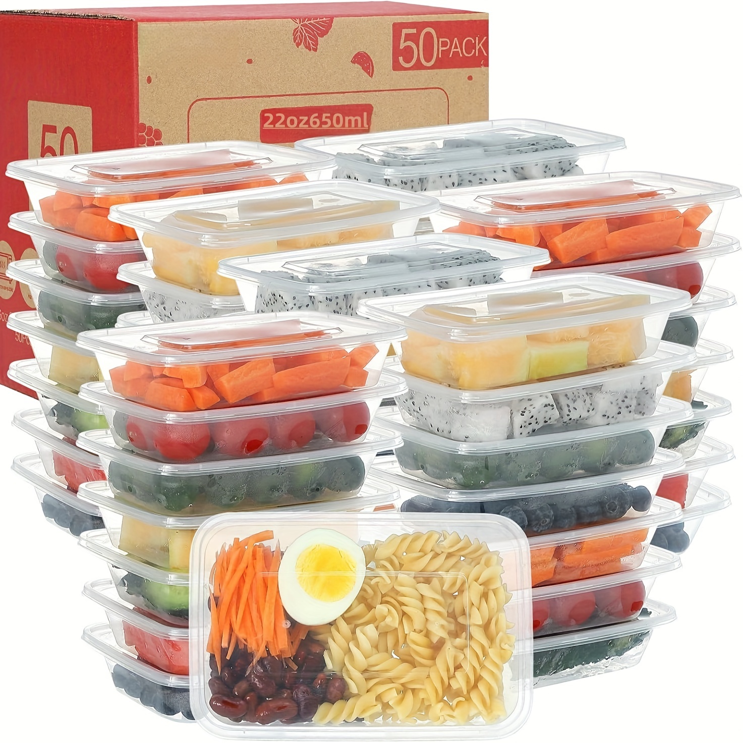 Meal Prep Containers, 50 Pack- 26Oz Plastic Storage Food Containers with  Lids, D