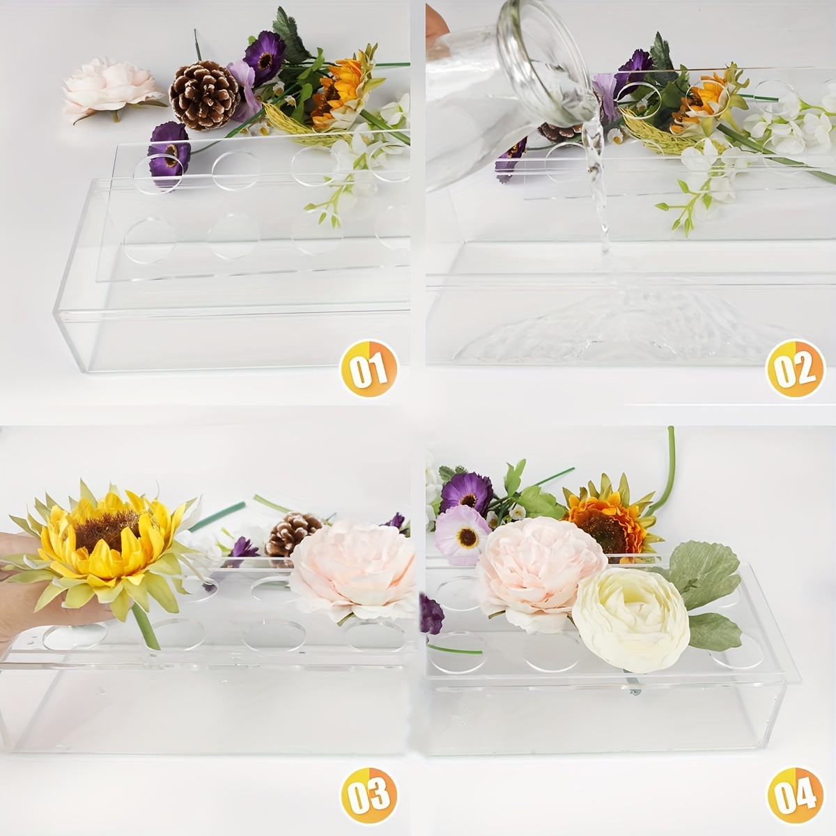 Clear Acrylic Flower Vase Rectangular Floral Centerpiece for Dining Table 16 inch Long Rectangle Decorative Modern Vase - Low Floral Vases for