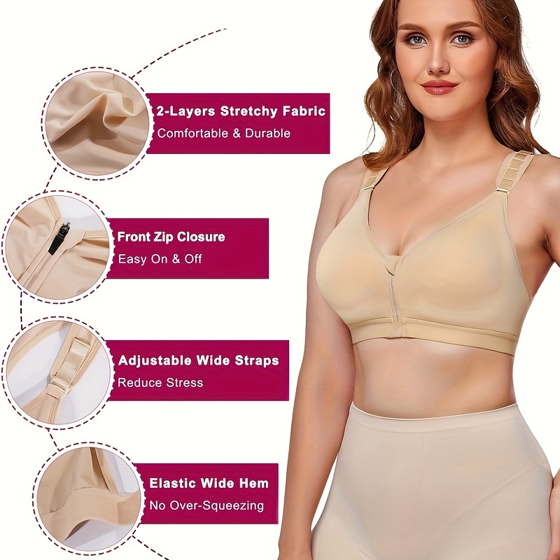 Post Surgical Wireless Bra Soft & Comfy Zipper Compression Support Bra  Women's Lingerie & Underwear 