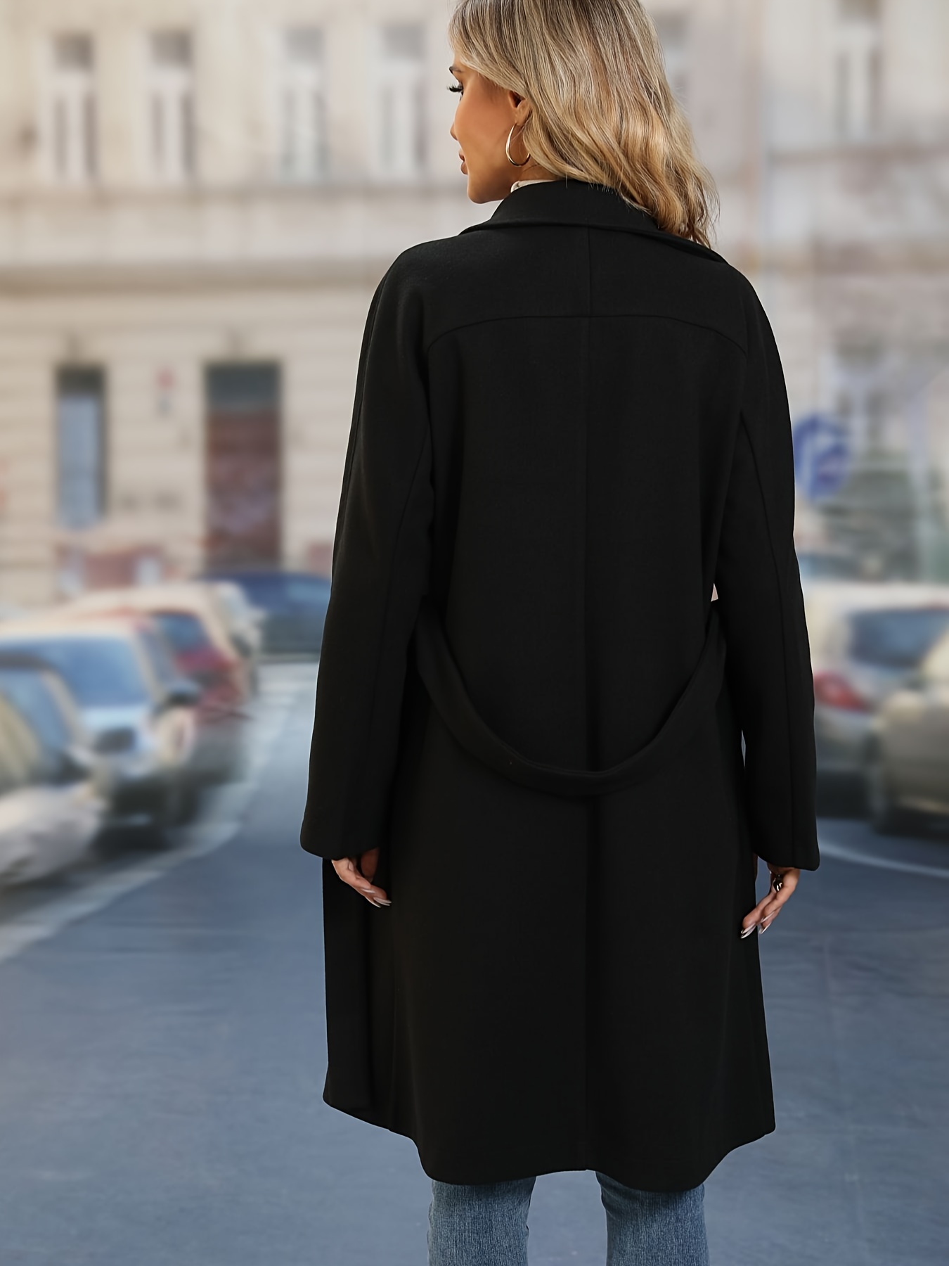 solid double breasted belted overcoat versatile long sleeve midi length thermal winter coat womens clothing