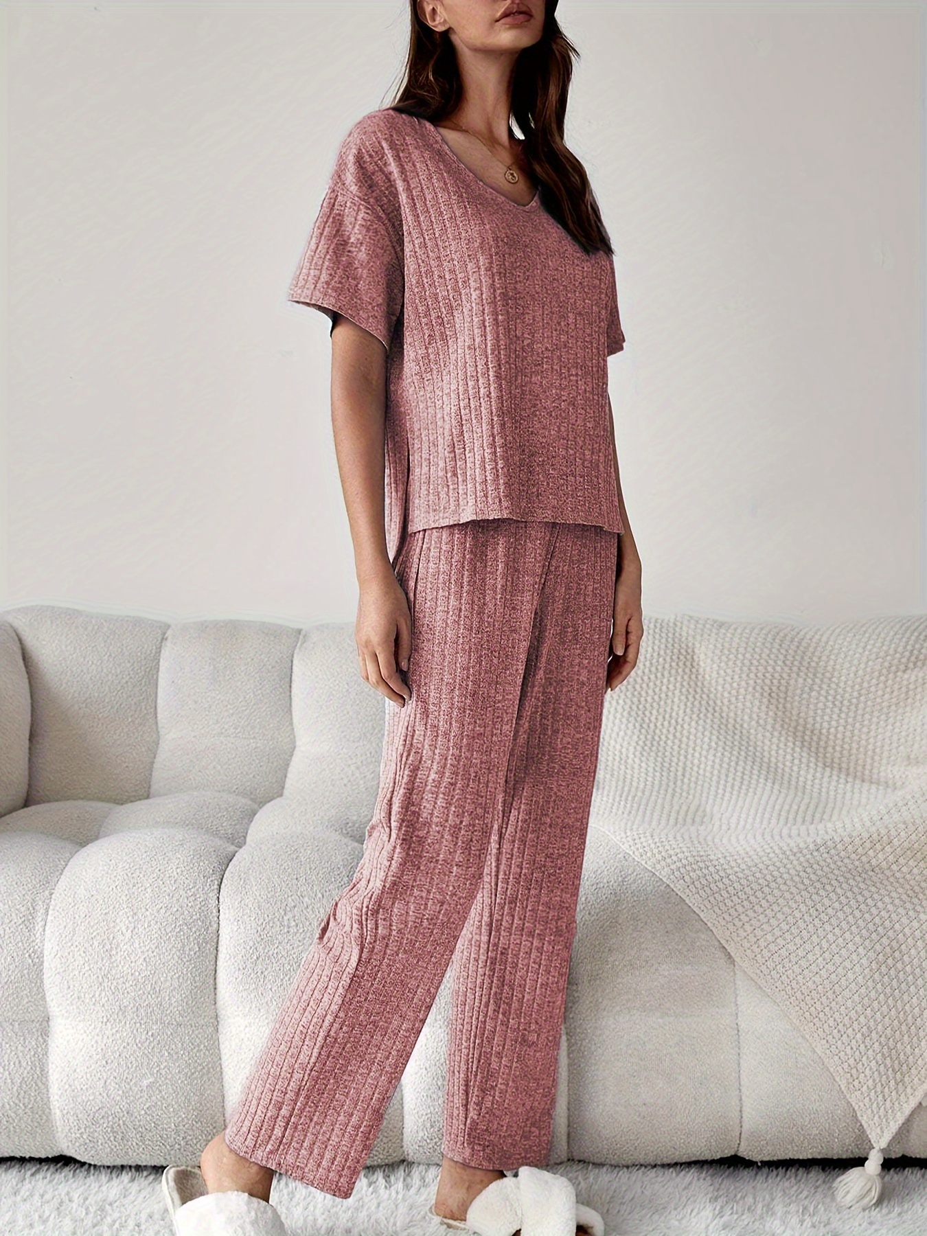 Ribbed Lounge Set Short Sleeve Top & Pants Women's Loungewear