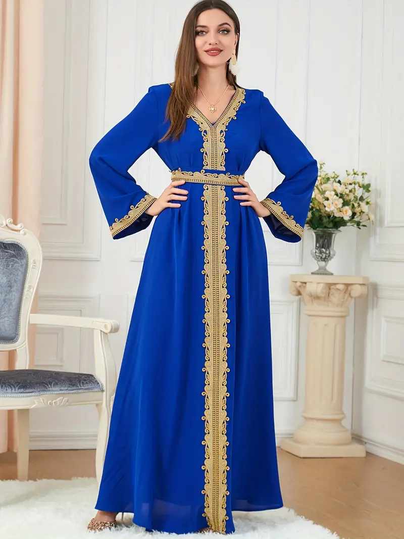 Lace Trim Kaftan Dress Elegant V Neck Long Sleeve Maxi Dress - Temu