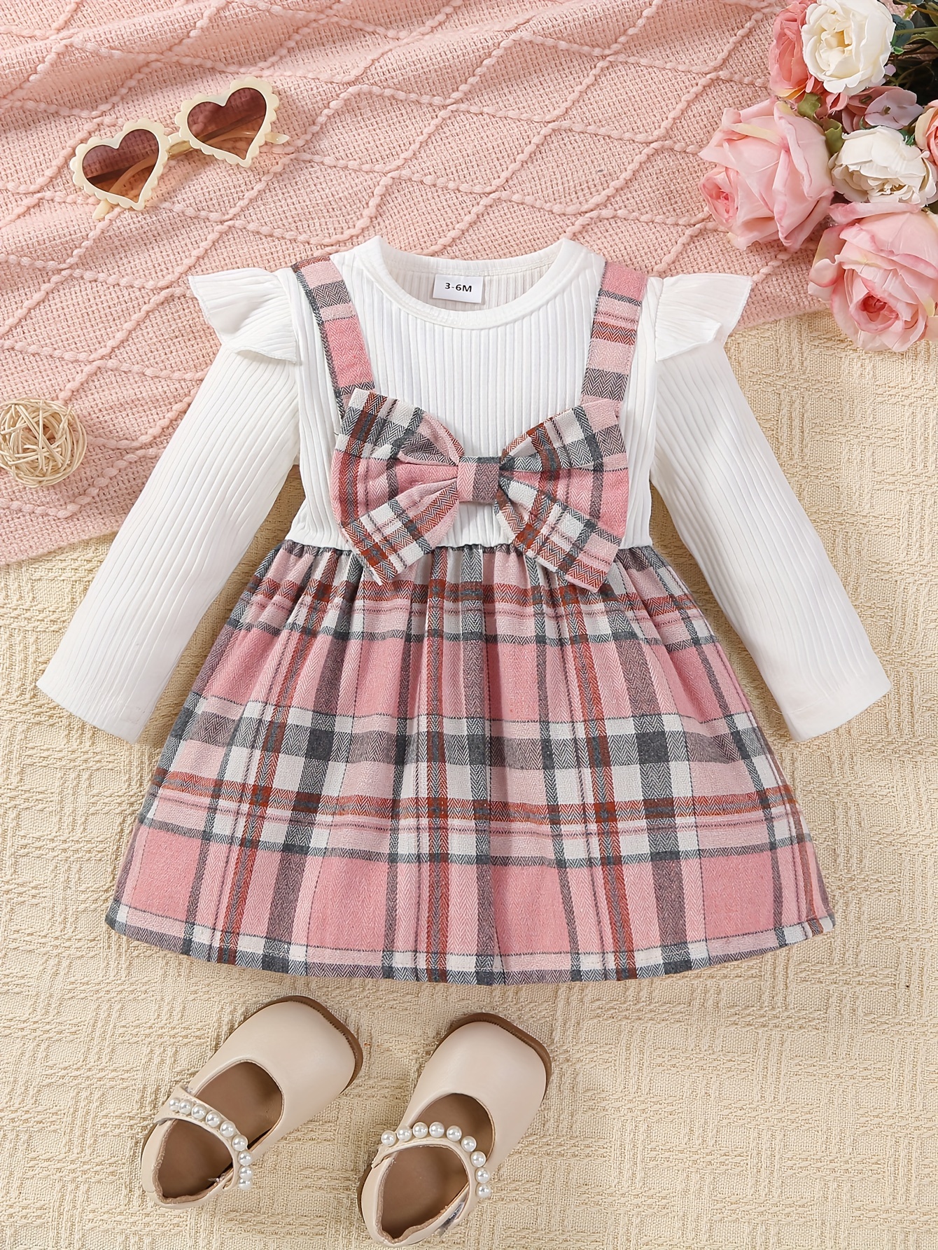 Baby Girl Pink Knitted Long-sleeve Bow Front Spliced Plaid Dress