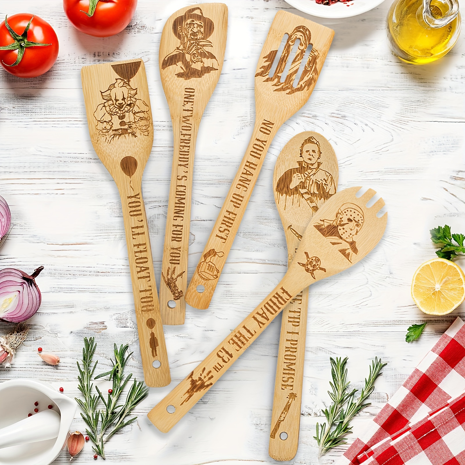 5pcs cooking spoons funny engraved wooden cooking spoons horror character bamboo wood utensils cookware kit horror movie theme kitchen decor gift for movie lover christmas party housewarming birthday gift details 2