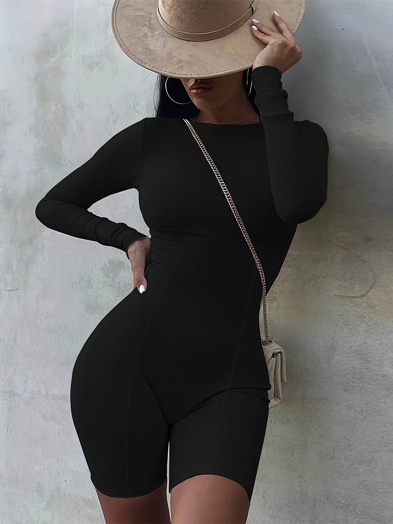 Crew Neck Slim Romper Jumpsuit Casual Long Sleeve Solid - Temu