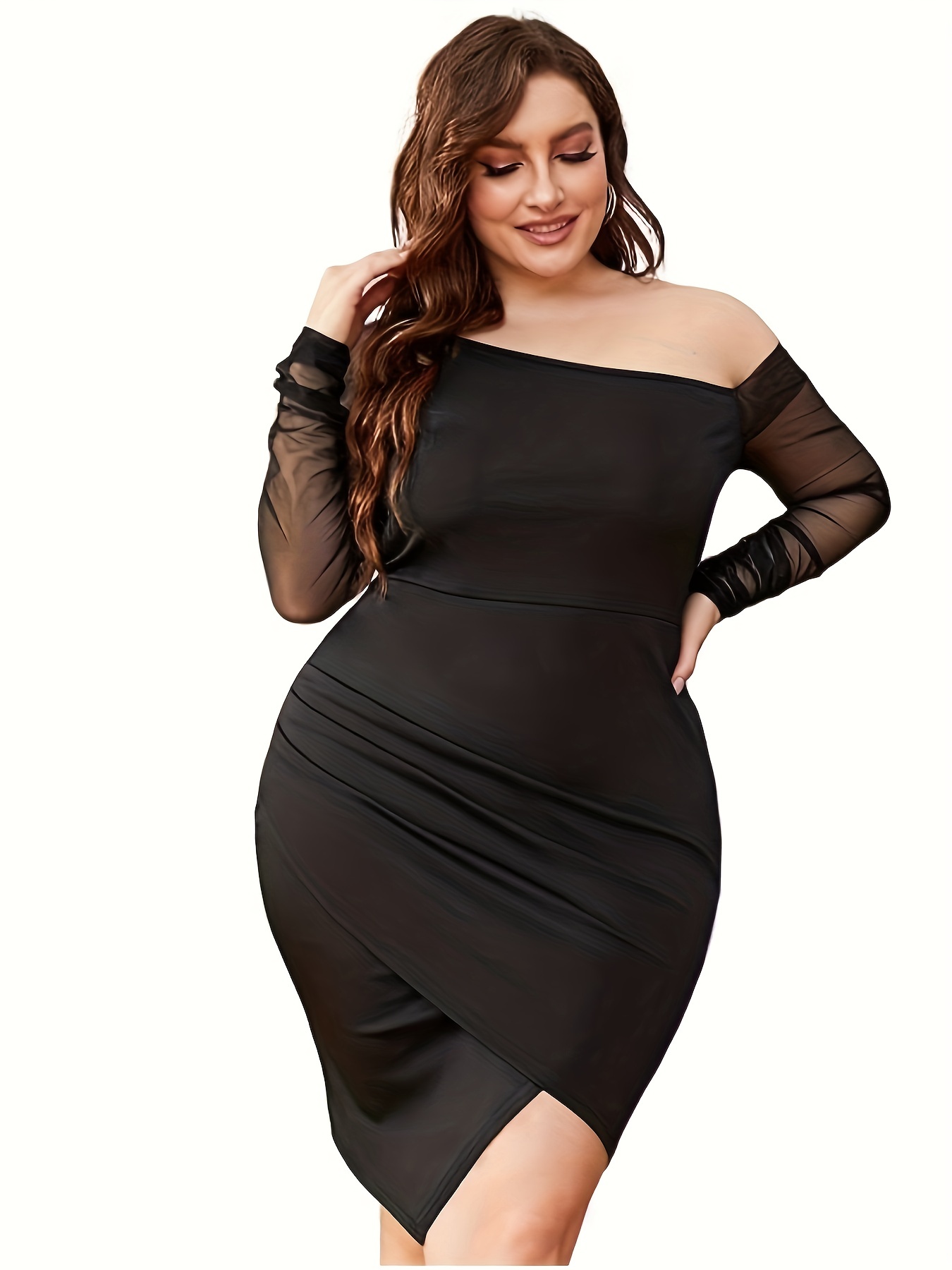 Plus Size Mesh Contrast Long Sleeve Mini Dress – Lookeble