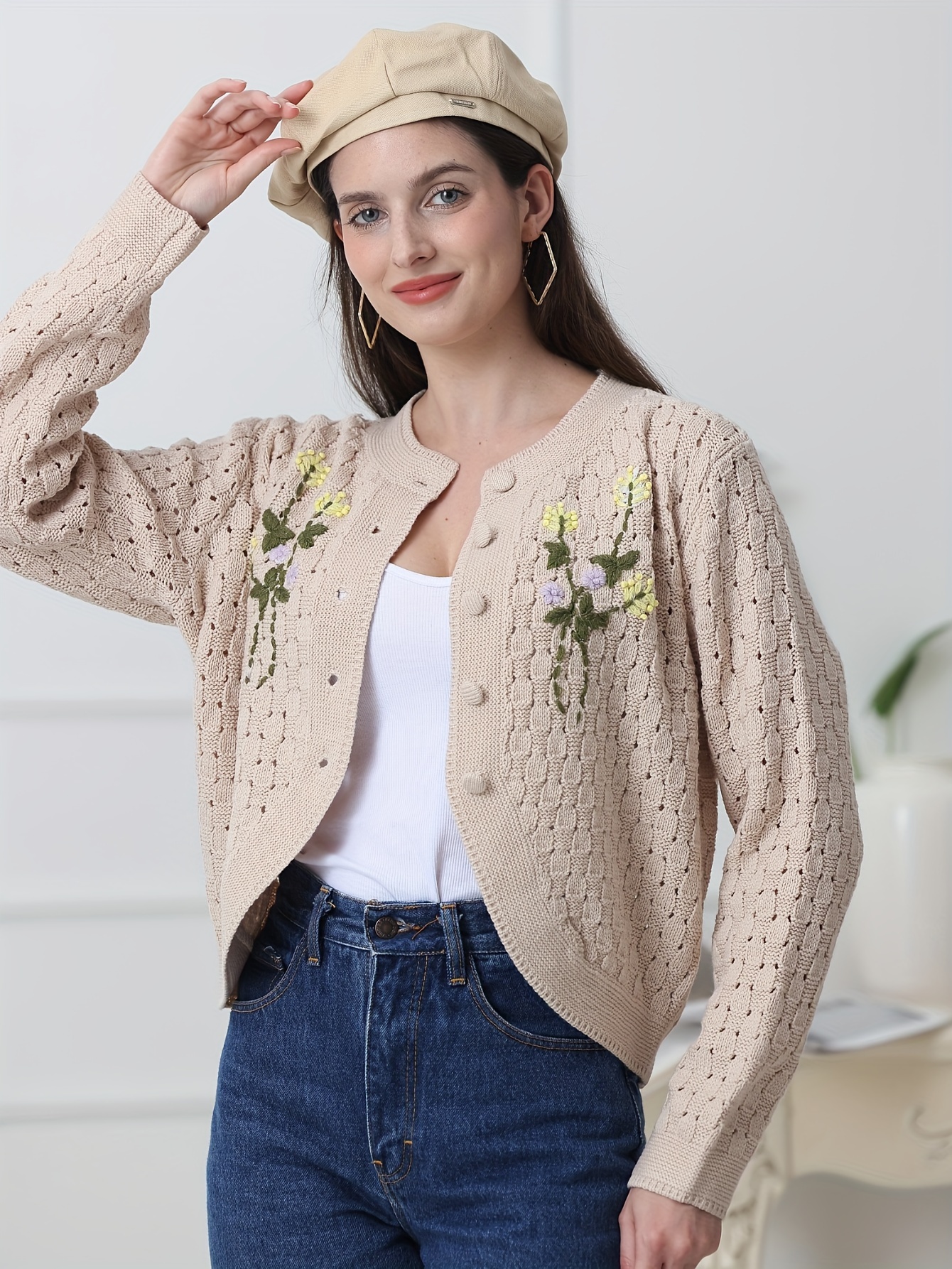 Floral Pattern Button Pointelle Knit Cardigan Casual Long - Temu Canada