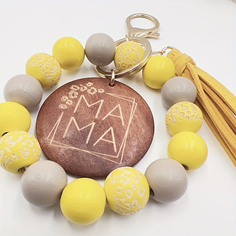 one leopard wooden beads hand beaded speckled wooden beads bracelet handmade tassel bangle mama wood chip keychain yellow 16
