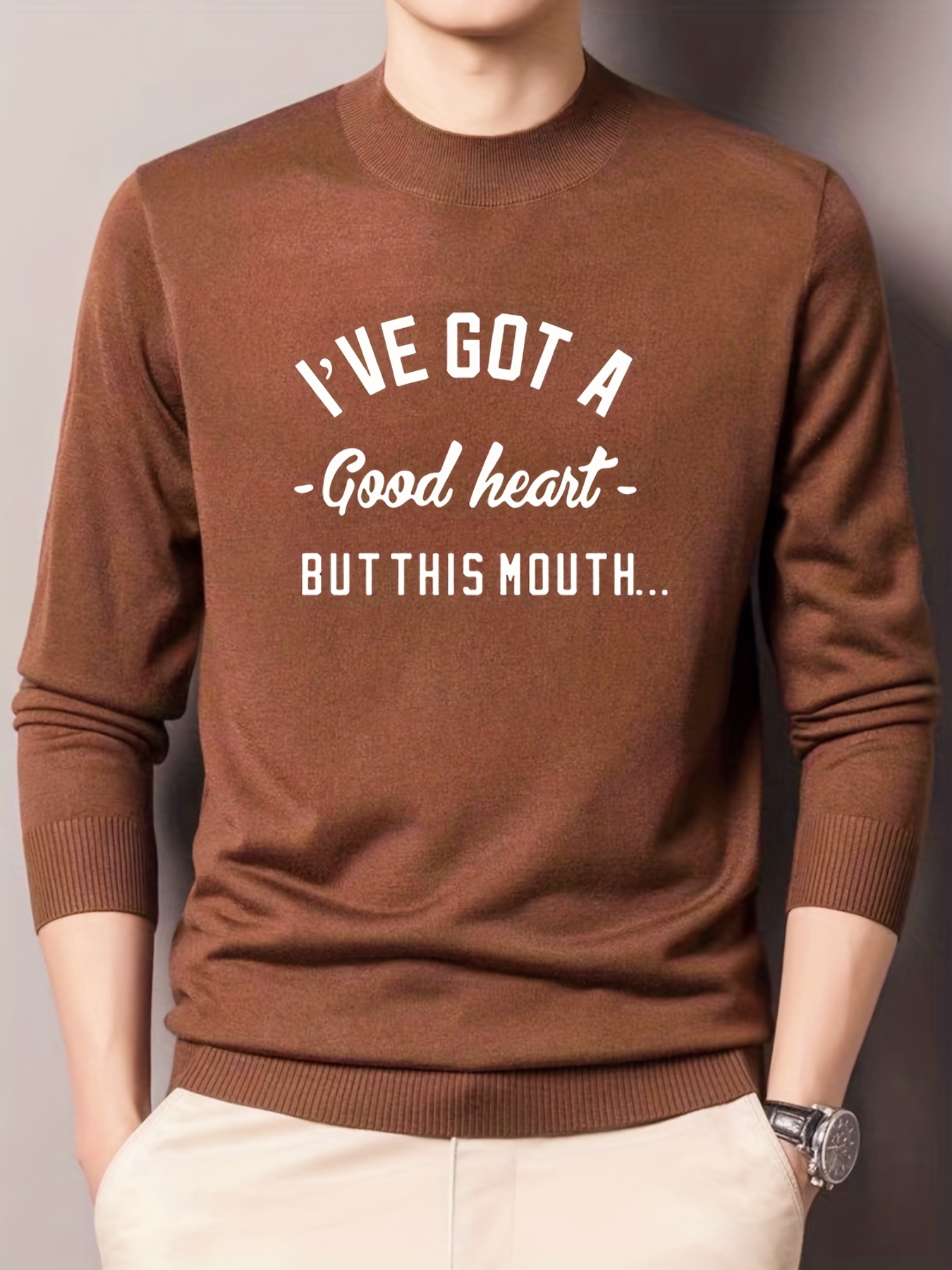 Funny Got A Good Heart Pattern Knitted Sweater Men's Casual - Temu