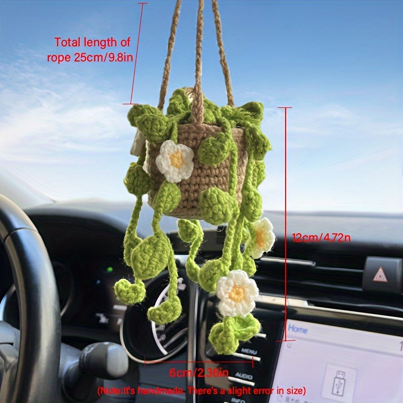 Crochet Sunflower Basket, Crochet Car Plant, Rearview Mirror