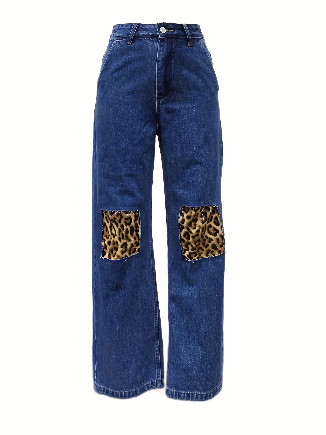 Jeans rectos de parches * oscuro, jeans de pierna ancha con estampado de  leopardo y bolsillos inclinados, jeans de mezclilla y ropa para mujer