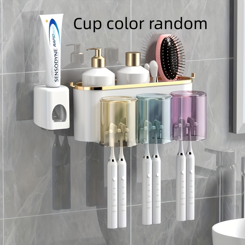 Vaso para cepillado de baño, soporte para cepillo de dientes montado en la  pared con dispensador automático de pasta de dientes, vaso multiusos (4  tazas) JM