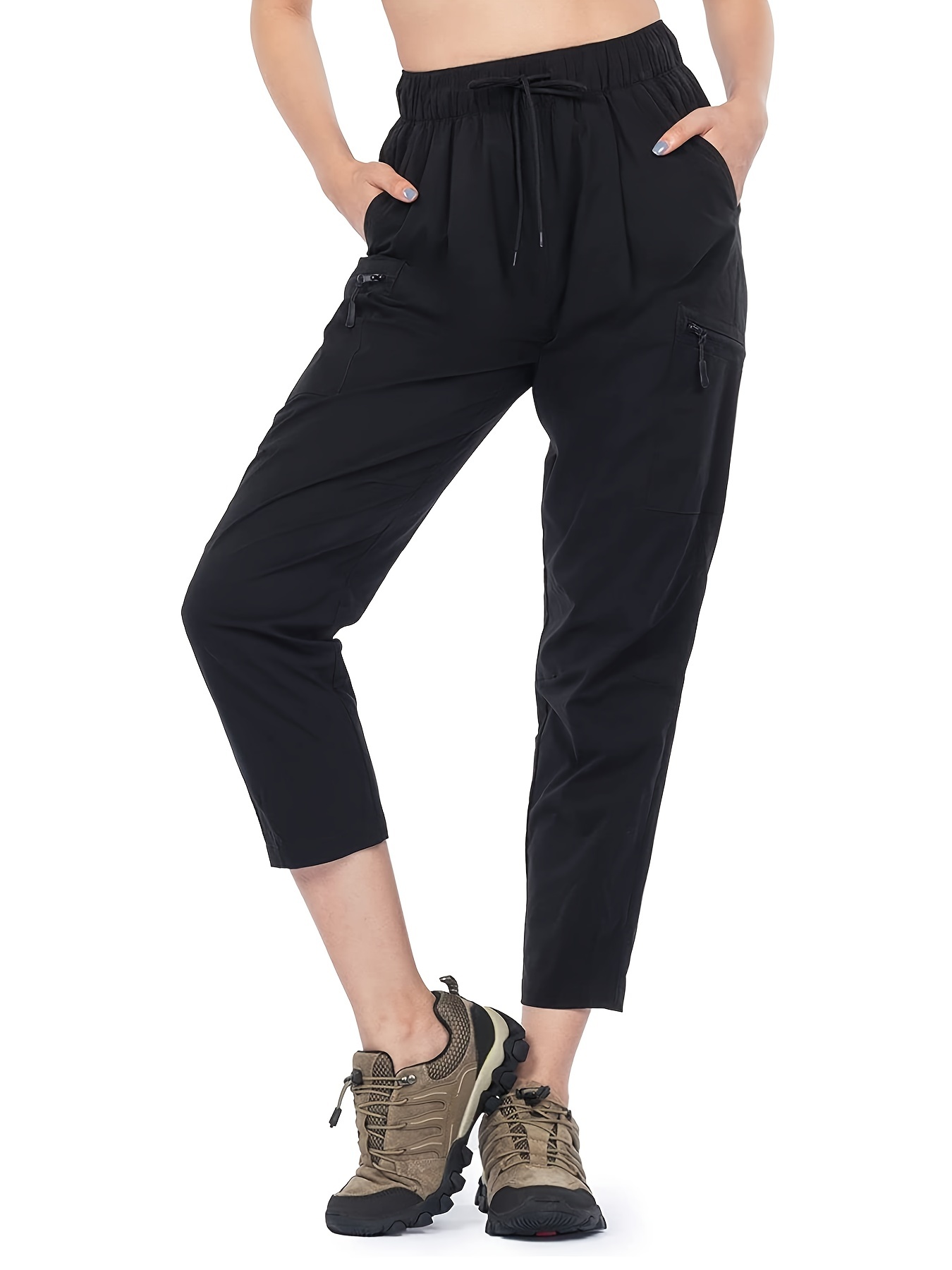 RKZDSR Plus Size Cargo Capris for Women Casual Summer Clearance Lightweight  Quick Dry Travel Hiking Pants Drawstring Elastic Waist Cropped Pants with  Pockets Running Black L 