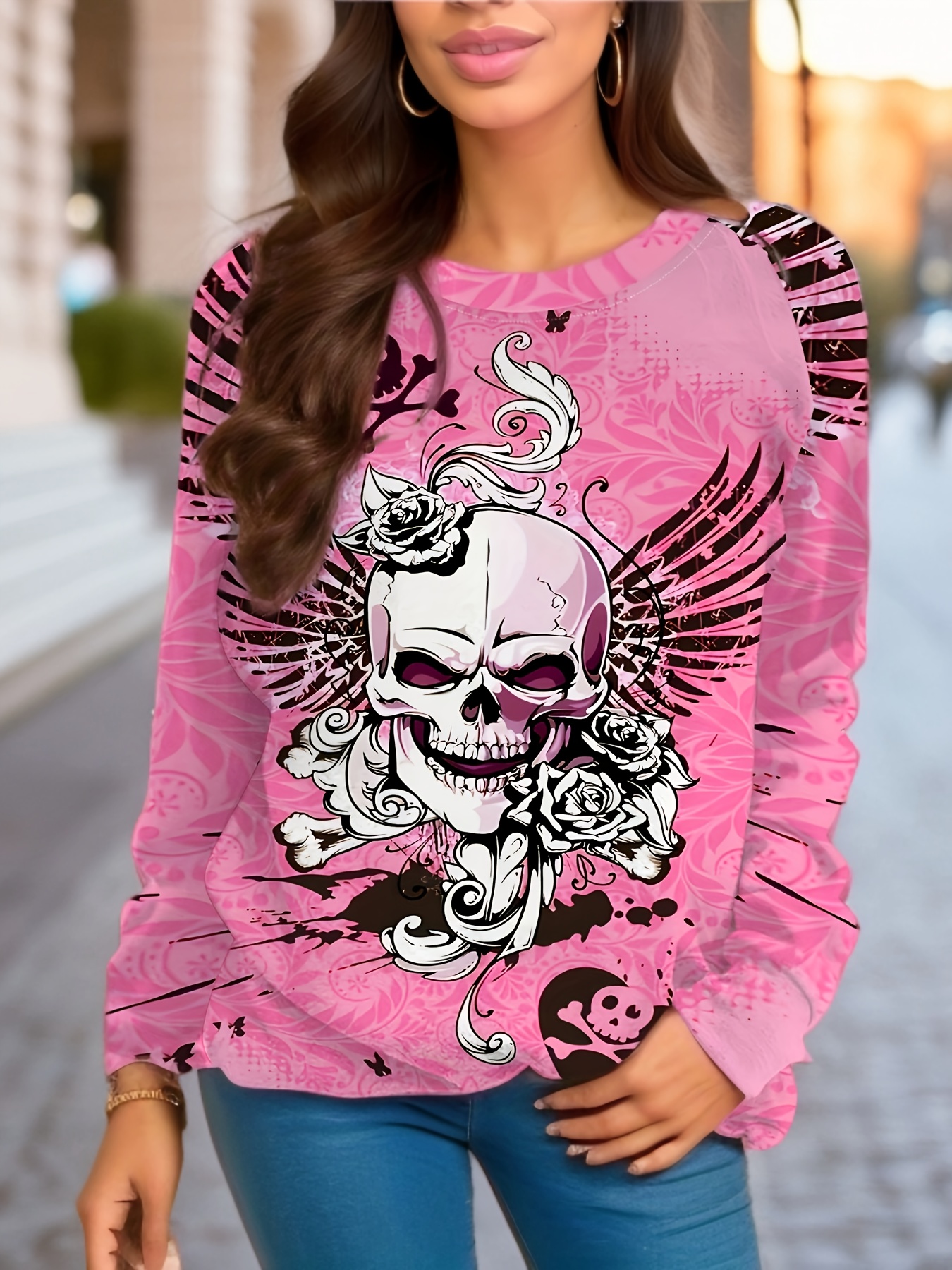 Skull Floral Print Sweatshirt Casual Long Sleeve Crew Neck Sweatshirt Women s Clothing