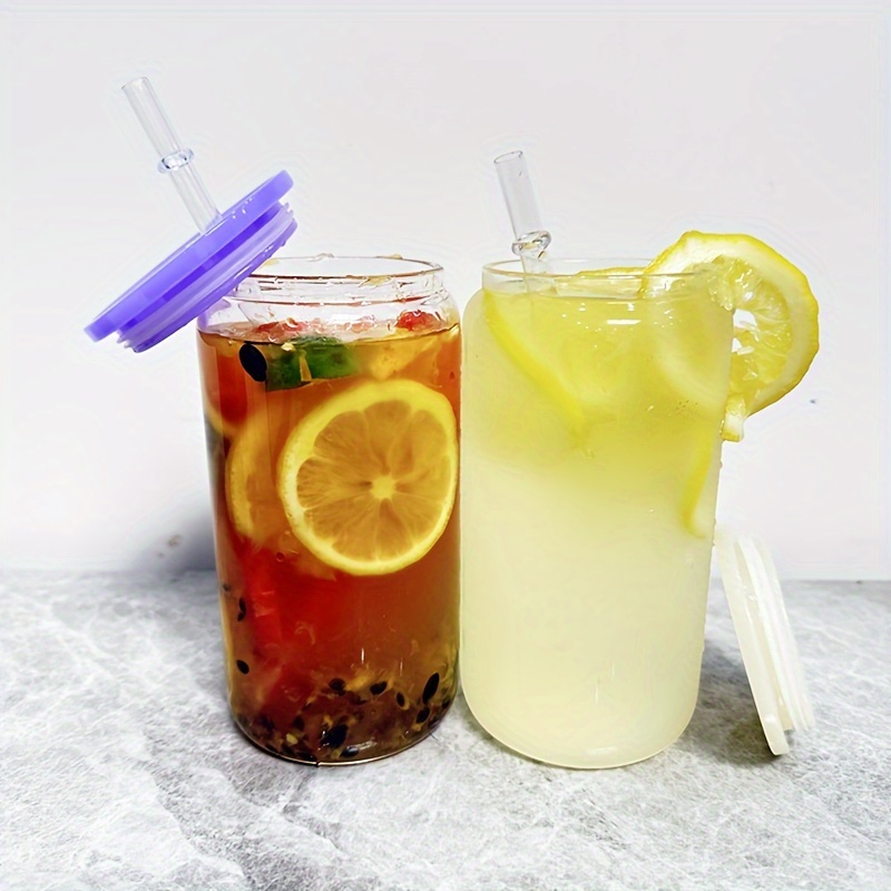 Transparent Can Shape Glass Cups With Glass Lid And Straw Ice