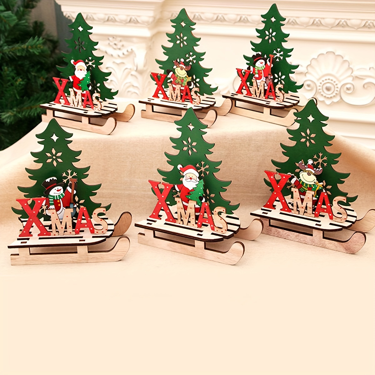 1pc Christmas Wooden Crafts, Holiday Assembly, Home Mini Sled Car Desktop  Decoration