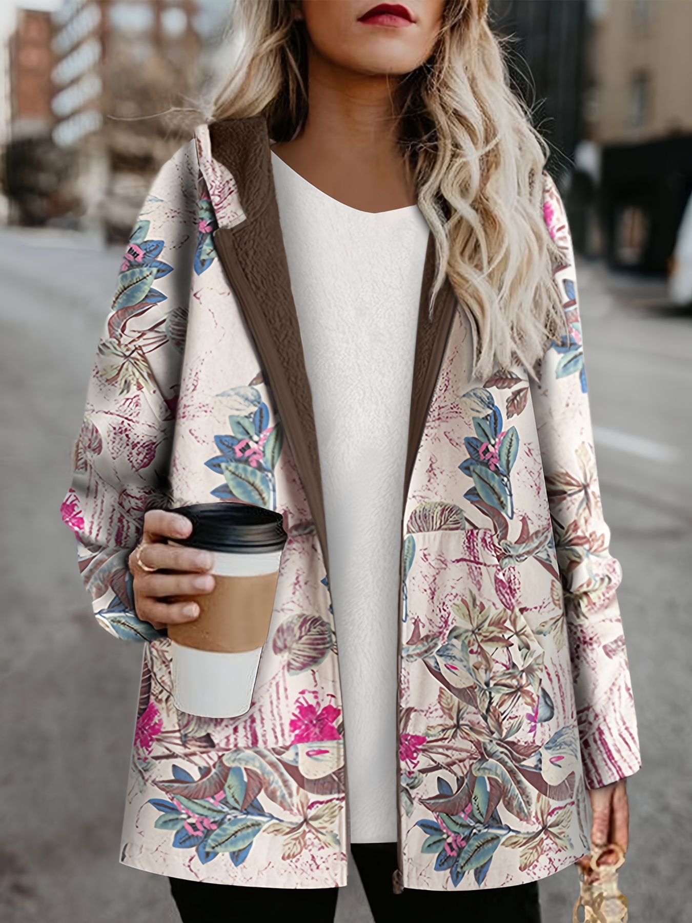 Floral Print Hooded Winter Coat Pockets Long Sleeve Casual - Temu