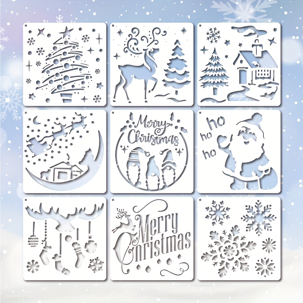 9pcs Merry Christmas Painting Stencils With Storage Metal Buckle, 5.9inch  Reusable Santa Claus, Deer, Christmas Tree, Gnome, Snowflake, Winter Theme S