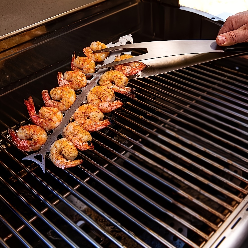 2 4pcs stainless steel bbq skewers fish bone shaped grill skewers for beef chicken vegetables shrimp durable metal barbecue accessories for grilling bbq accessories kitchen utensils sleek metallic     metal Product details 6