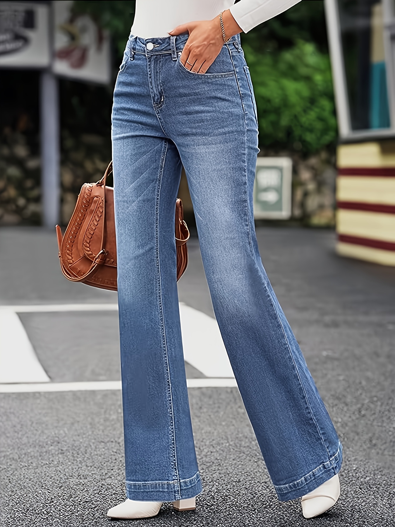 Women Street Ripped Flare Jeans Y2k Baggy Wide Lege Blue Denim