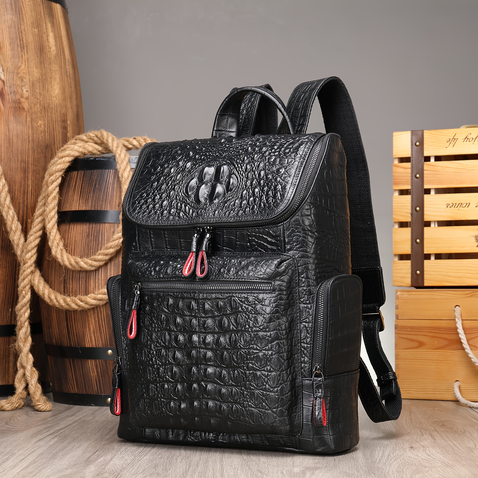 FR Fashion Co. 13 Men's Leather Crocodile Design Backpack
