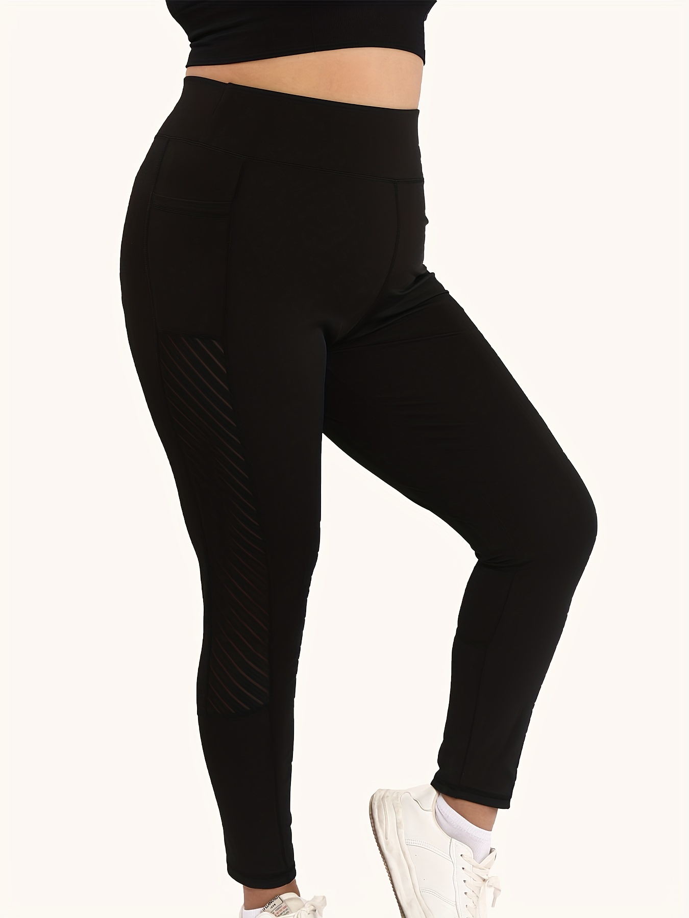 Plus Size Sports Leggings, Women's Plus Solid Pipping High Rise High  Stretch Leggings With Pockets