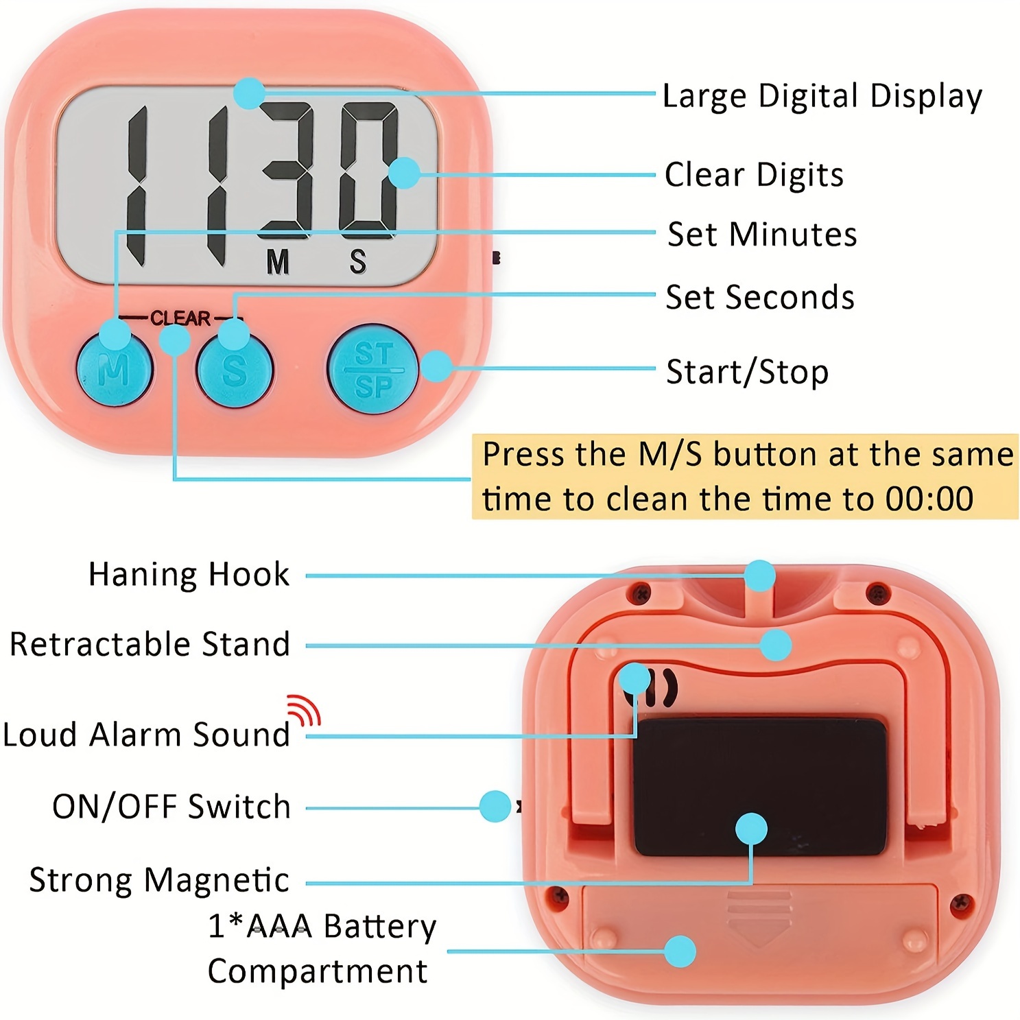 1 Piece Digital Kitchen Timer, Big Digit Countdown Timer, Loud Alarm  Timers, Magnetic Back and Off Switch, Classroom Timer for Teachers Kids