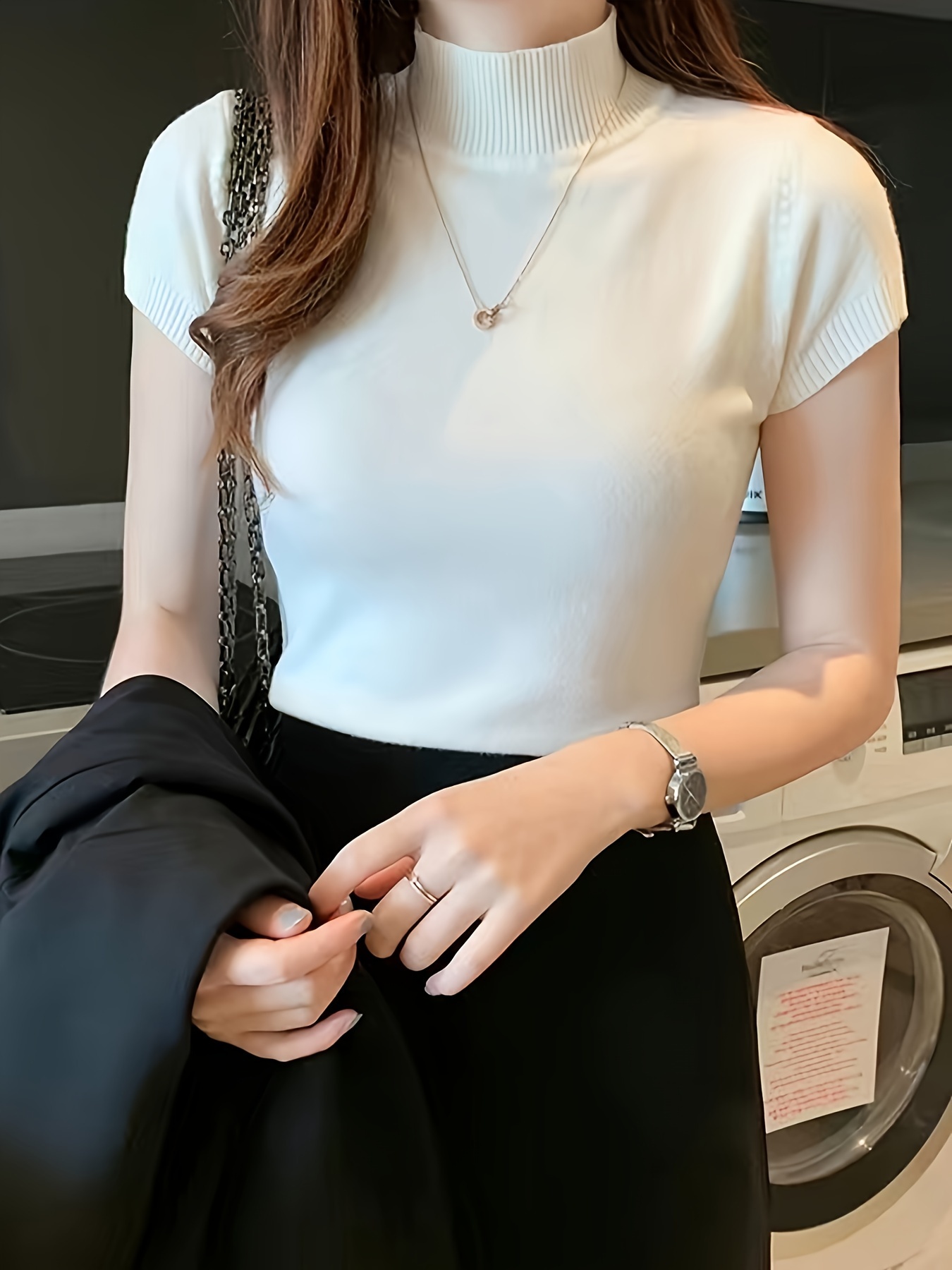 New Style Knitted Versatile Design Half-High Collar Short Sleeve Thin Pullover