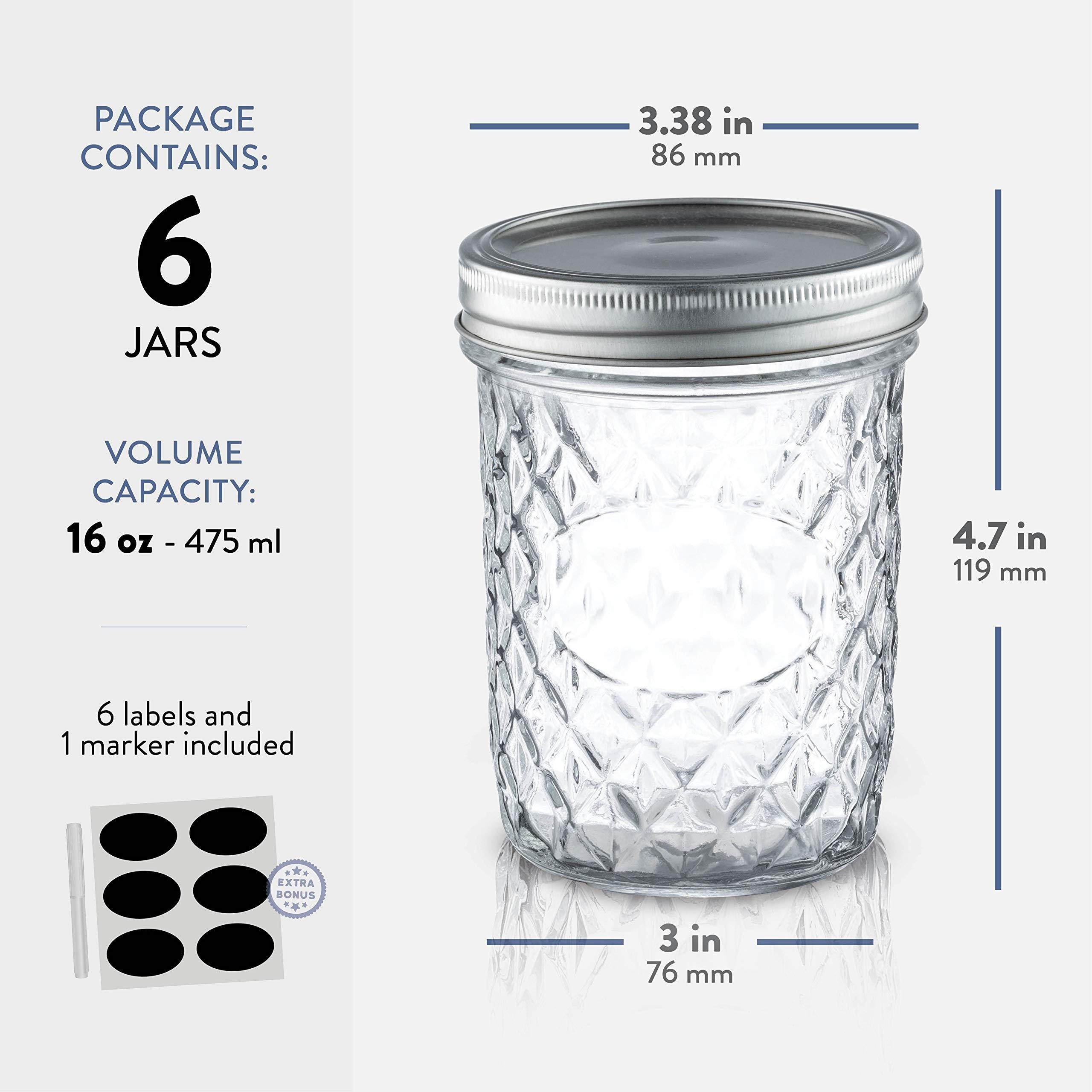 Quality Glass Mason Jars 16 Ounce (6 Pack) Regular Mouth Glass Mason Jar  with Lids & Bands, Dishwasher Safe. Ideal for Canning, Pickling, Jam, Meal
