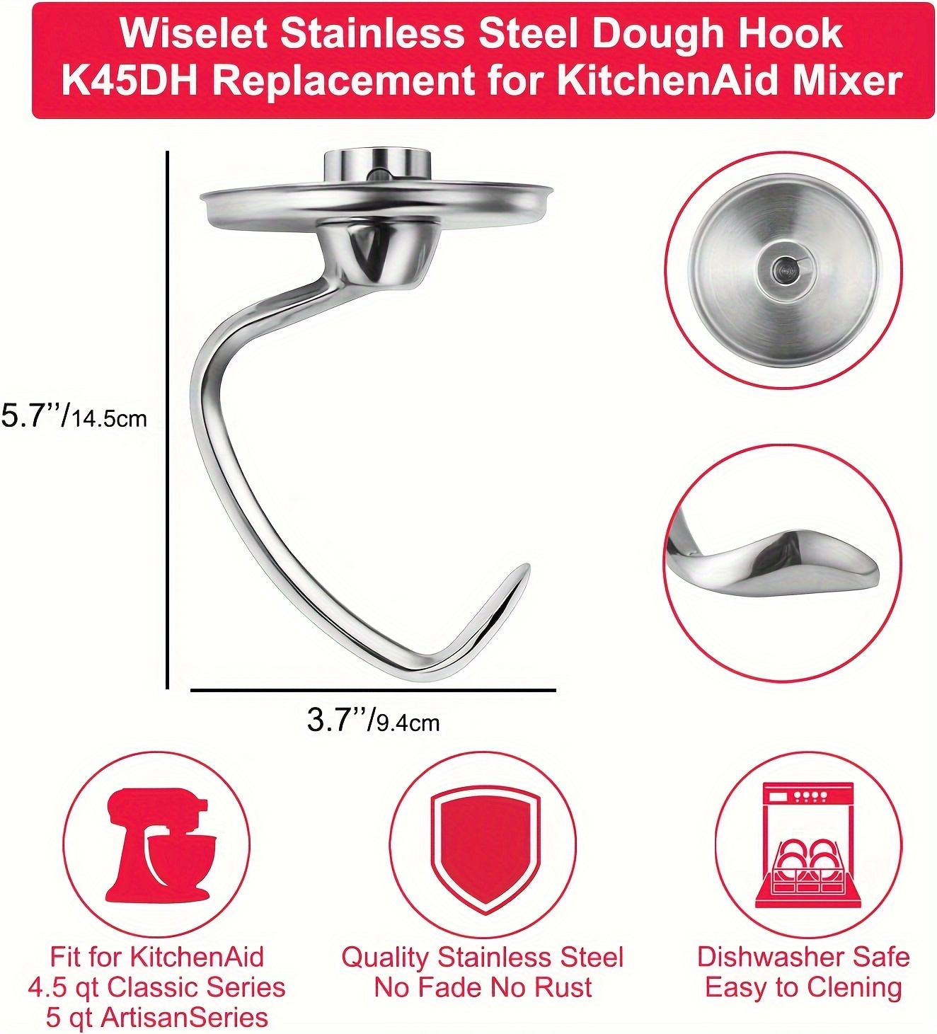Stainless Steel Dough Hook Attachment for KitchenAid 4.5-5 Quart