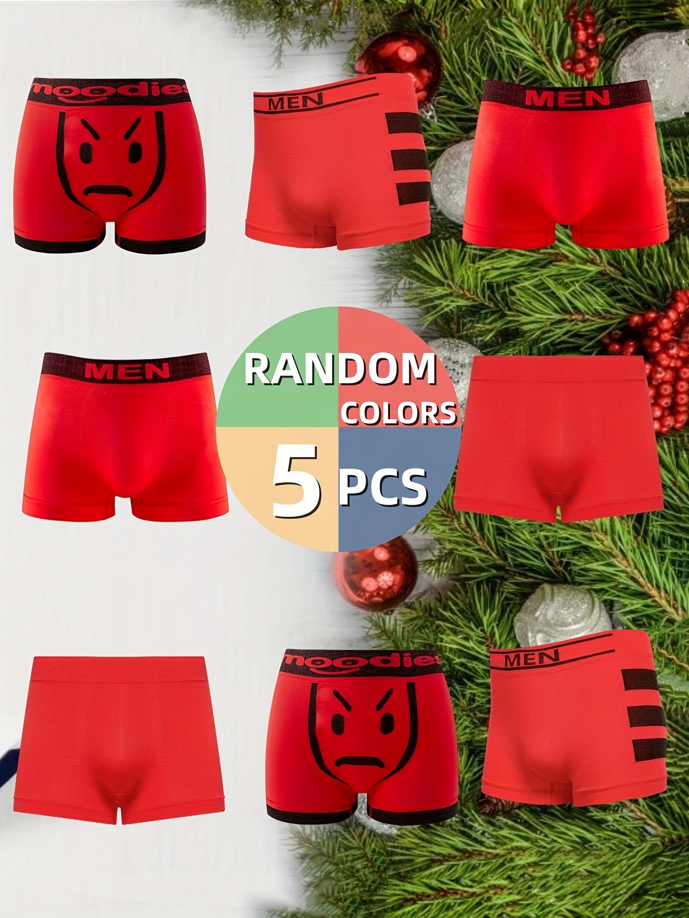 5pcs Seamless Boys Popular Cute Boxers Underwear Solid/Smile/Side Stripes  Pattern Random Red Soft Comfortable Stretch Teens Boxer Pants For Gifts