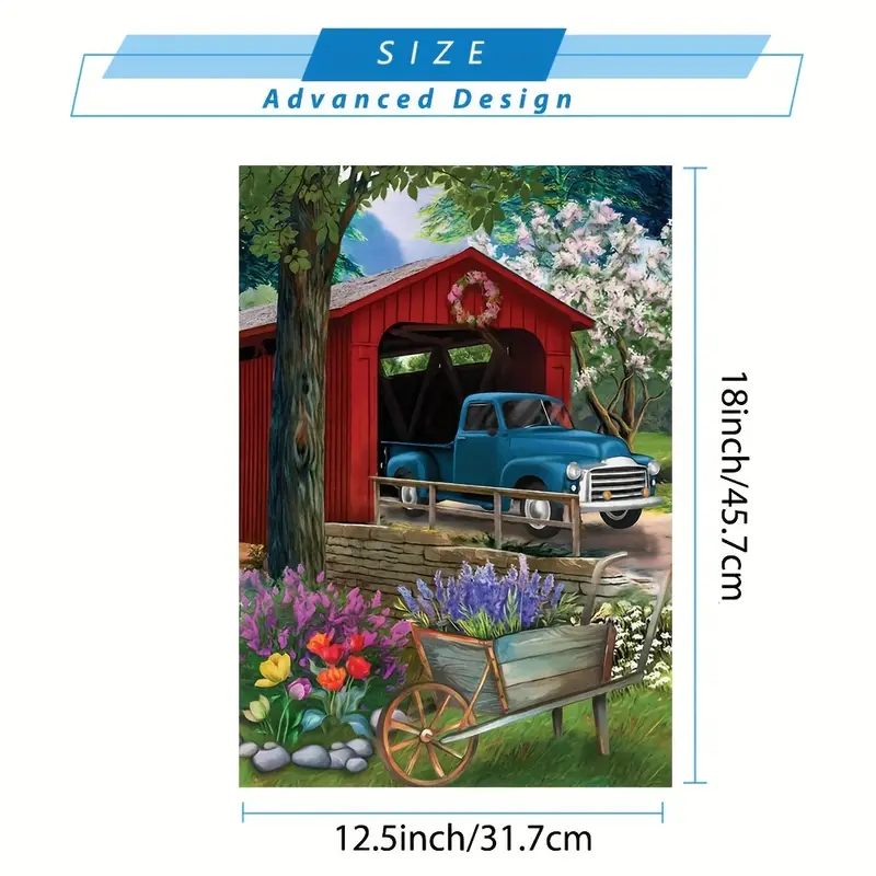 1pc Blue Pickup Truck Garden Flag Red House Vertical Double Sided Yard Banners Burlap Decorative Outdoor Yard Flags 12 5x18 Inch details 2