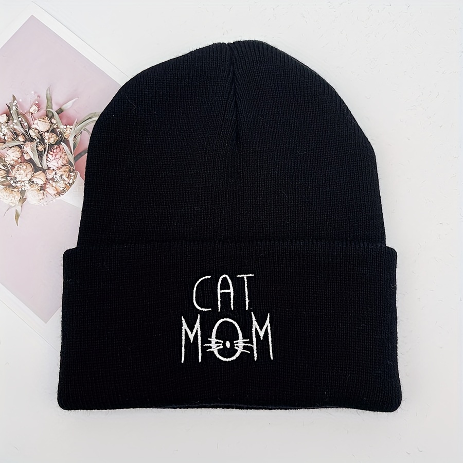 

Cat Mom Graphic Beanie Trendy Embroidery Solid Color Knit Hats Warm Cuffed Beanies Lightweight Skull Cap For Women Men Autumn & Winter