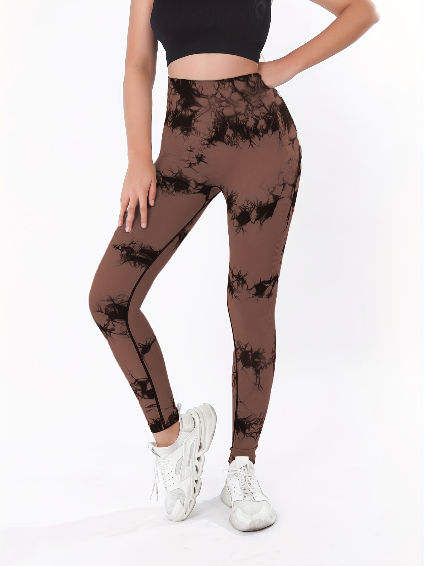 Coffee Brown Tie Dye Regular Women's Sports Leggings 