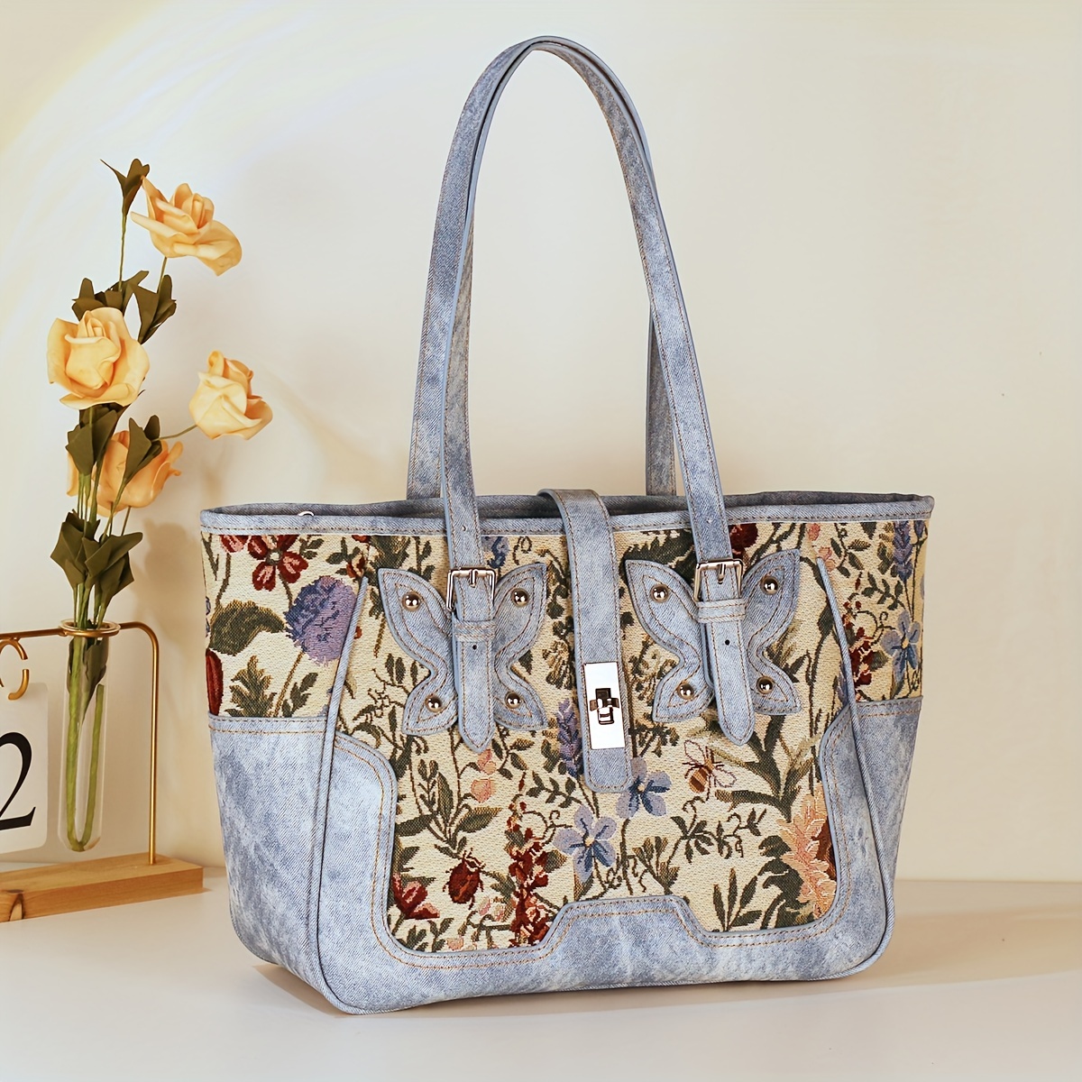 Women's Vintage Pattern Tote Bag, Large Capacity Shoulder Bag