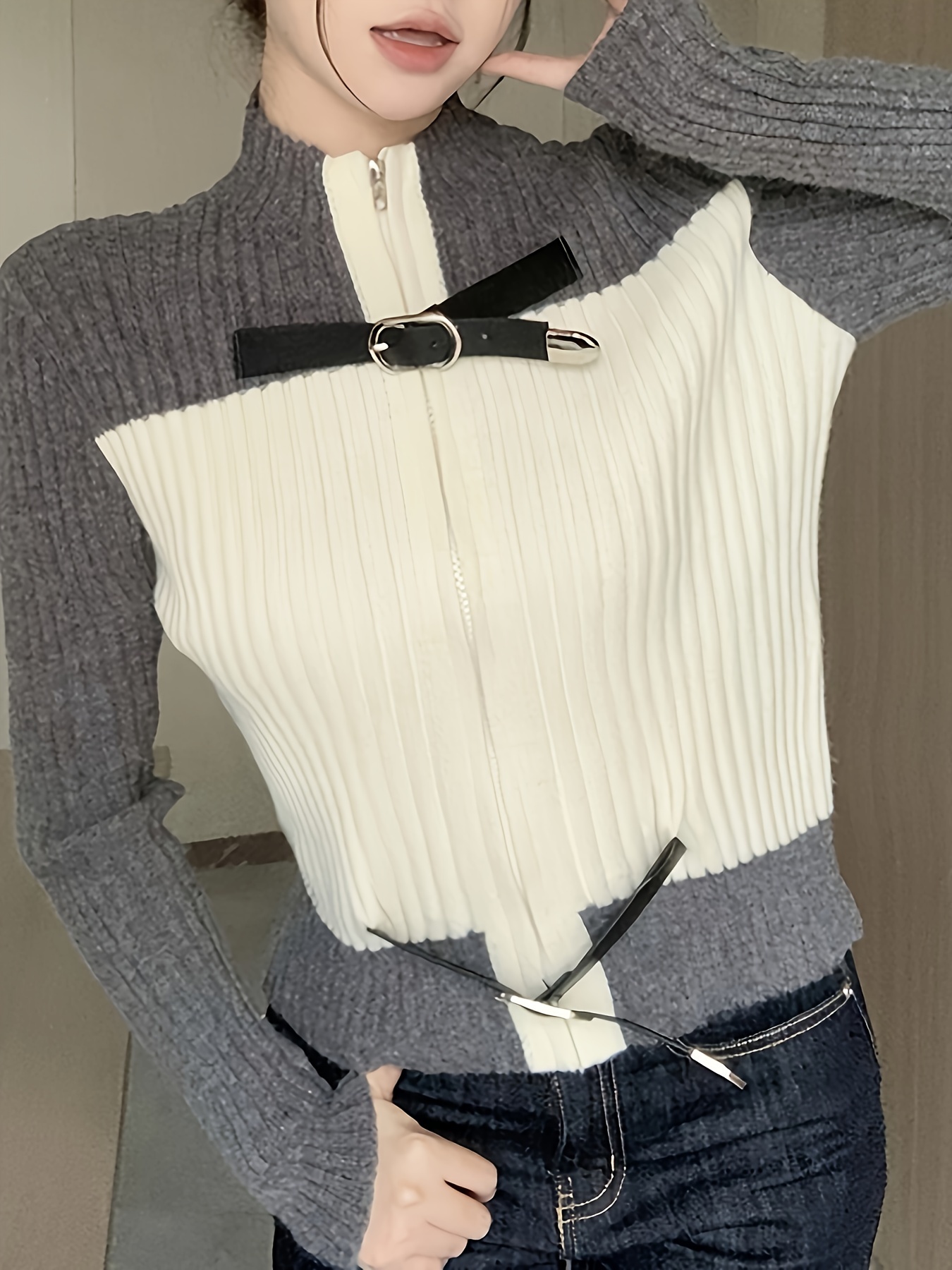 Color Block Zip Up Rib Knit Cardigan, Casual Buckle Long Sleeve Mock Neck  Stylish Sweater, Women's Clothing