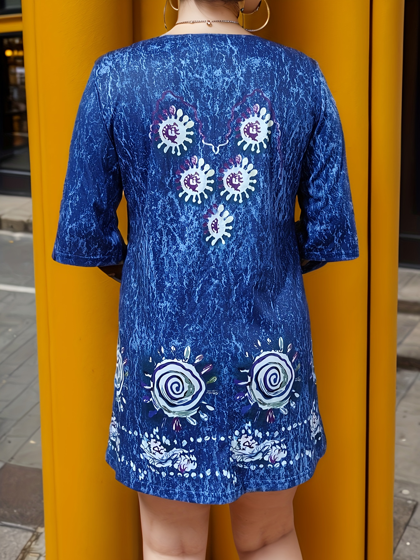 floral print tie dye tunic dress half sleeve round neck vintage dress womens clothing