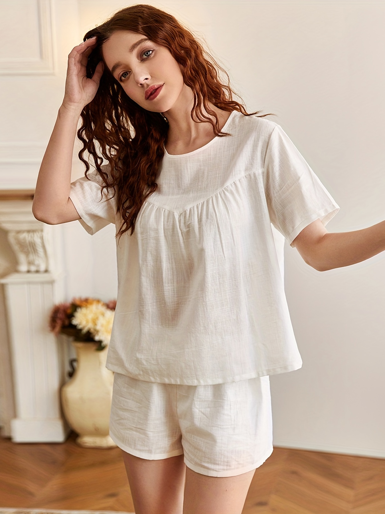 Simple Solid Pajamas Set Short Sleeve Crew Neck Top Shorts - Temu Canada