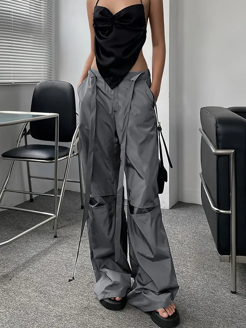 Solid Drawstring Cargo Pants Y2k Baggy Long Length Pants - Temu