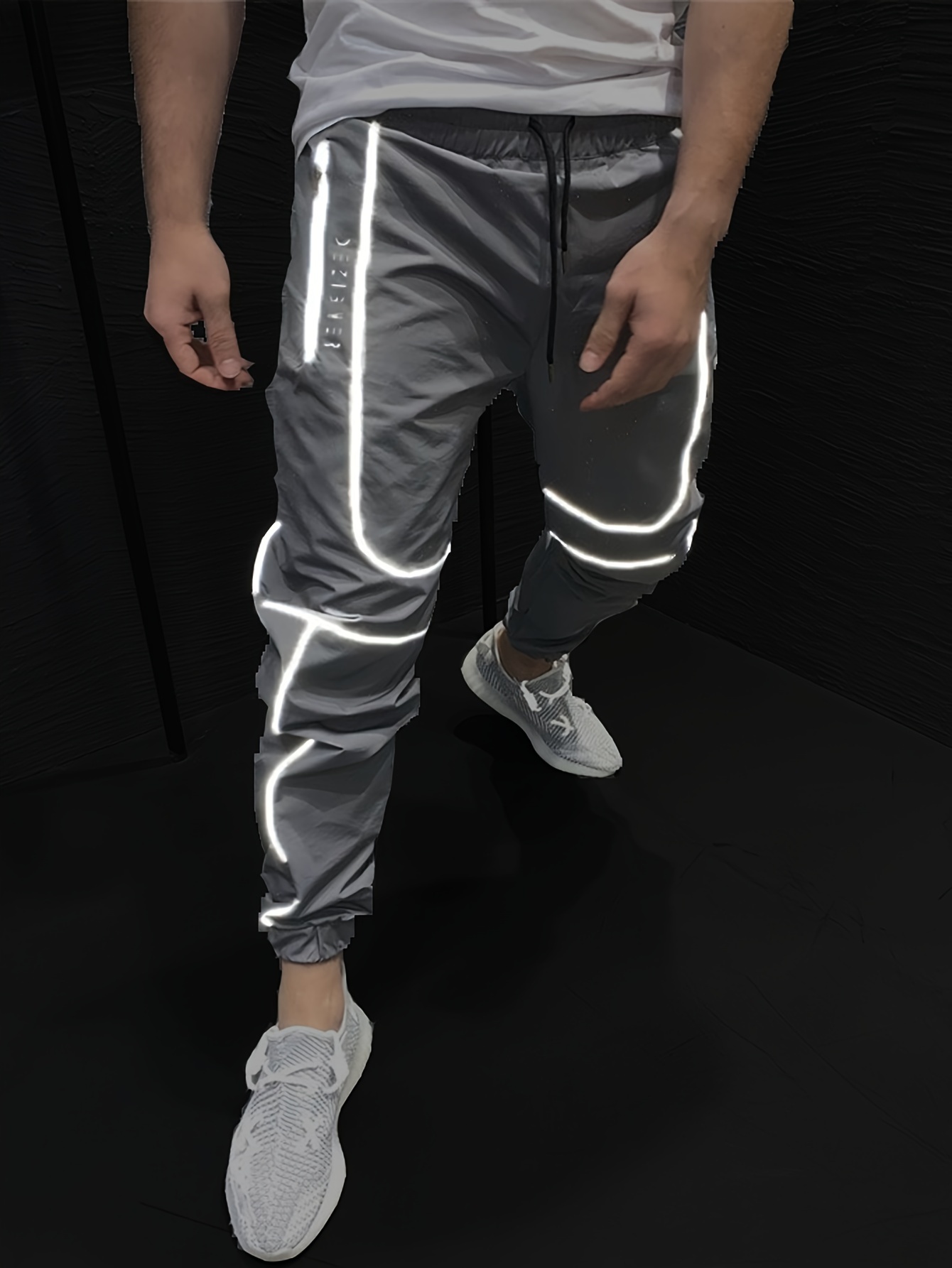 Plus Size Men's Reflective Binding Drawstring Waist Jogger Cargo Pants with Pockets Color Block Relaxed Fit Pants,Temu