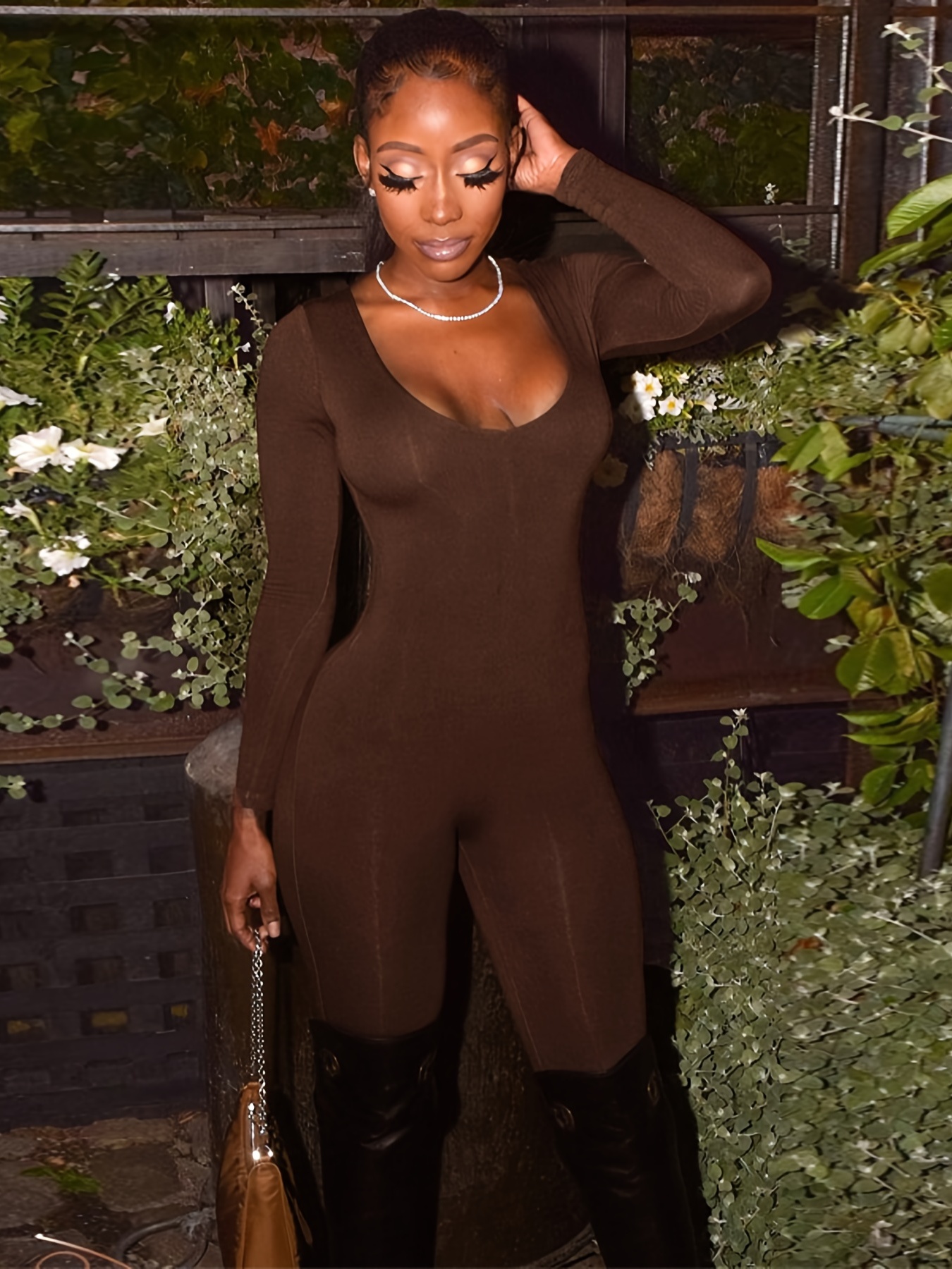 Embroidered High Neck Jumpsuit Sexy Slim Long Sleeve Workout - Temu