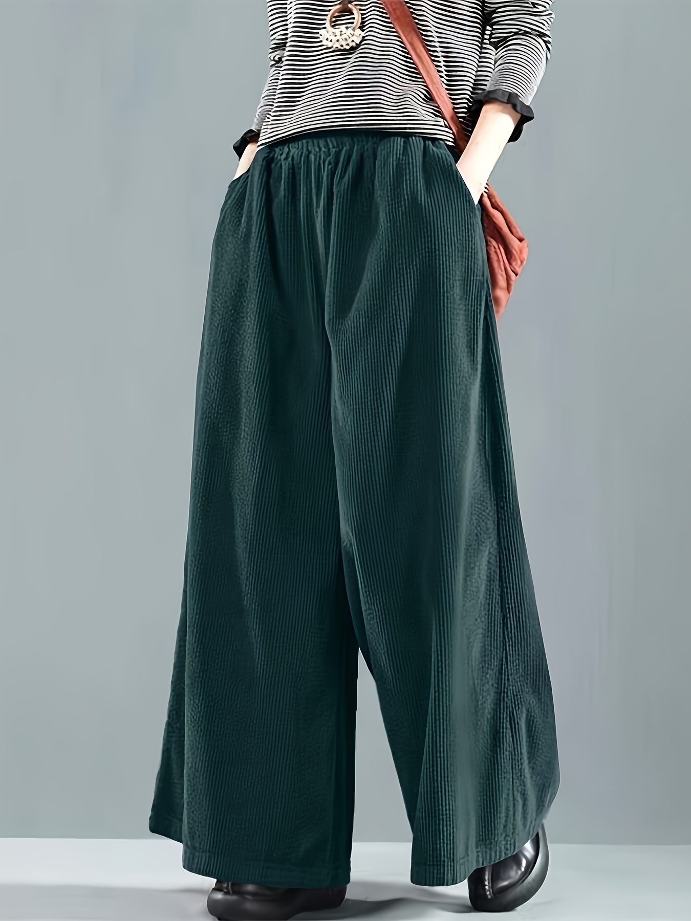 Plus Size Solid Pocket Wide Leg Pants, Casual Elastic Waist Pants, Women&#39;s Plus Size Clothing