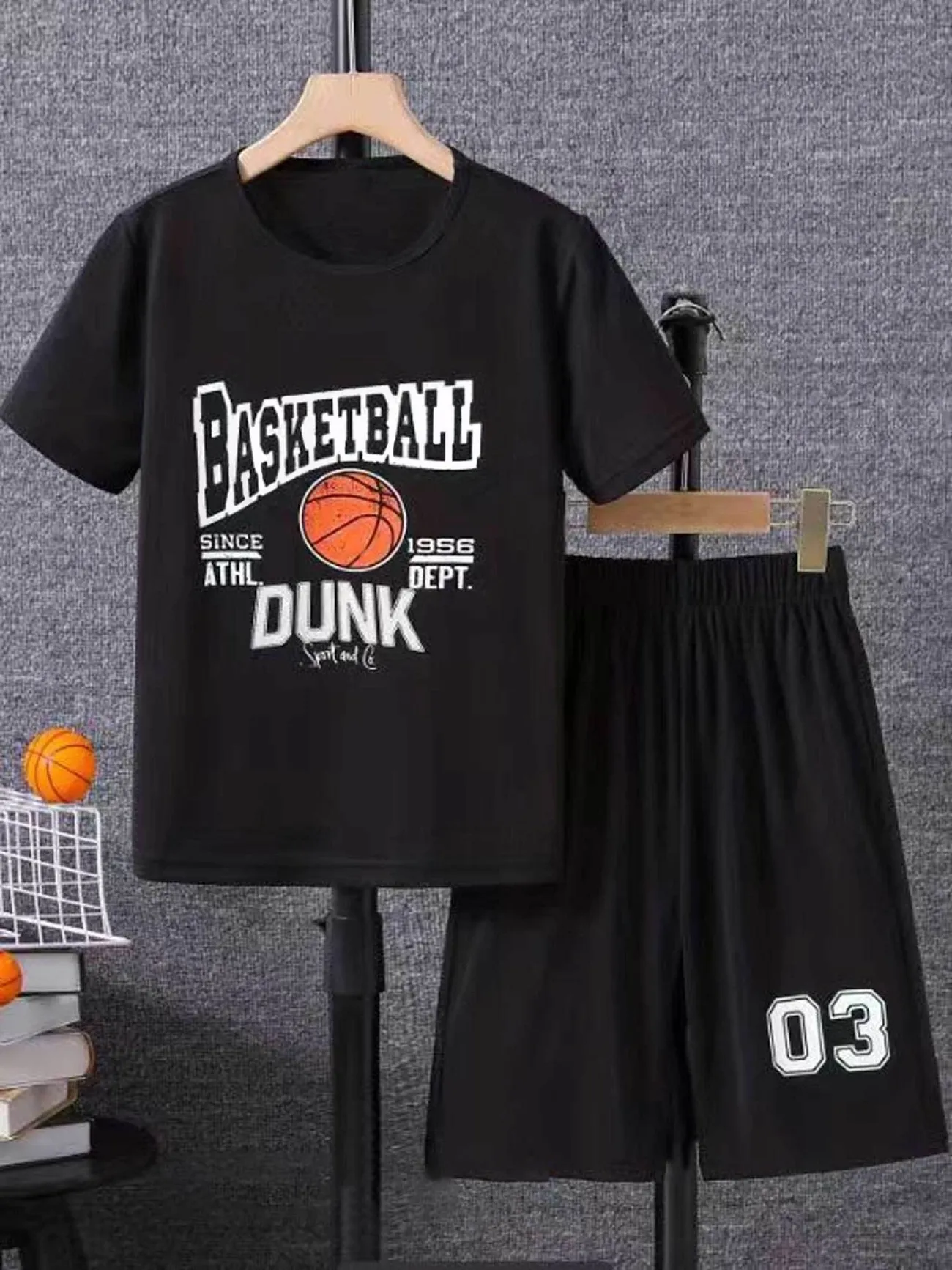 2pcs Boys Casual Cool Basketball Graphic Print Short Sleeve T-shirt&Shorts Set, Comfy Summer Kids Clothing,Temu