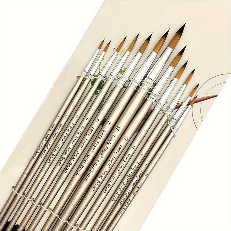 Set De 12 Pinceaux Artistiques En Nylon - Poils Synthétiques, Manches En Bois, Pour Aquarelle, Acrylique, Huile