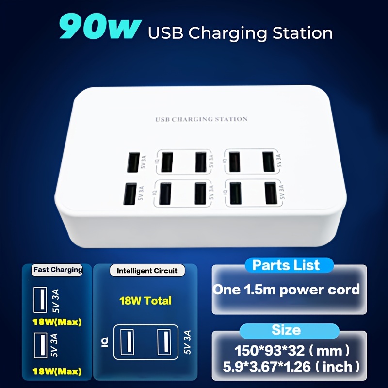 USB Charger USB Wall Charger with Rapid Charging Auto Detect Technology  Safety Guaranteed 10-Port Family-Sized Smart USB Ports for Multiple Devices