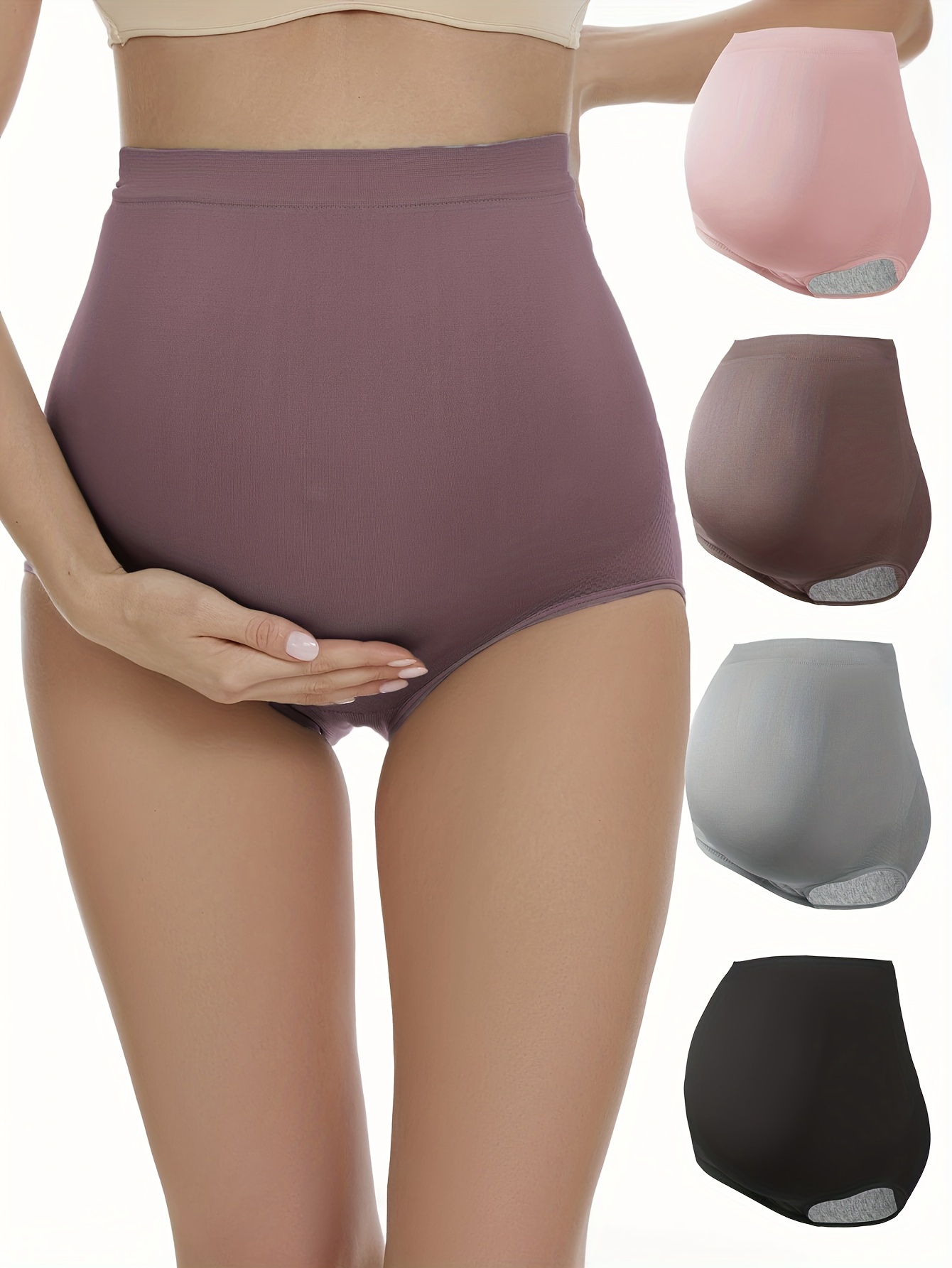 Women's Maternity 4Pcs Solid Underwear Medium Stretchy Boxer Briefs,  Pregnant Women's Clothing