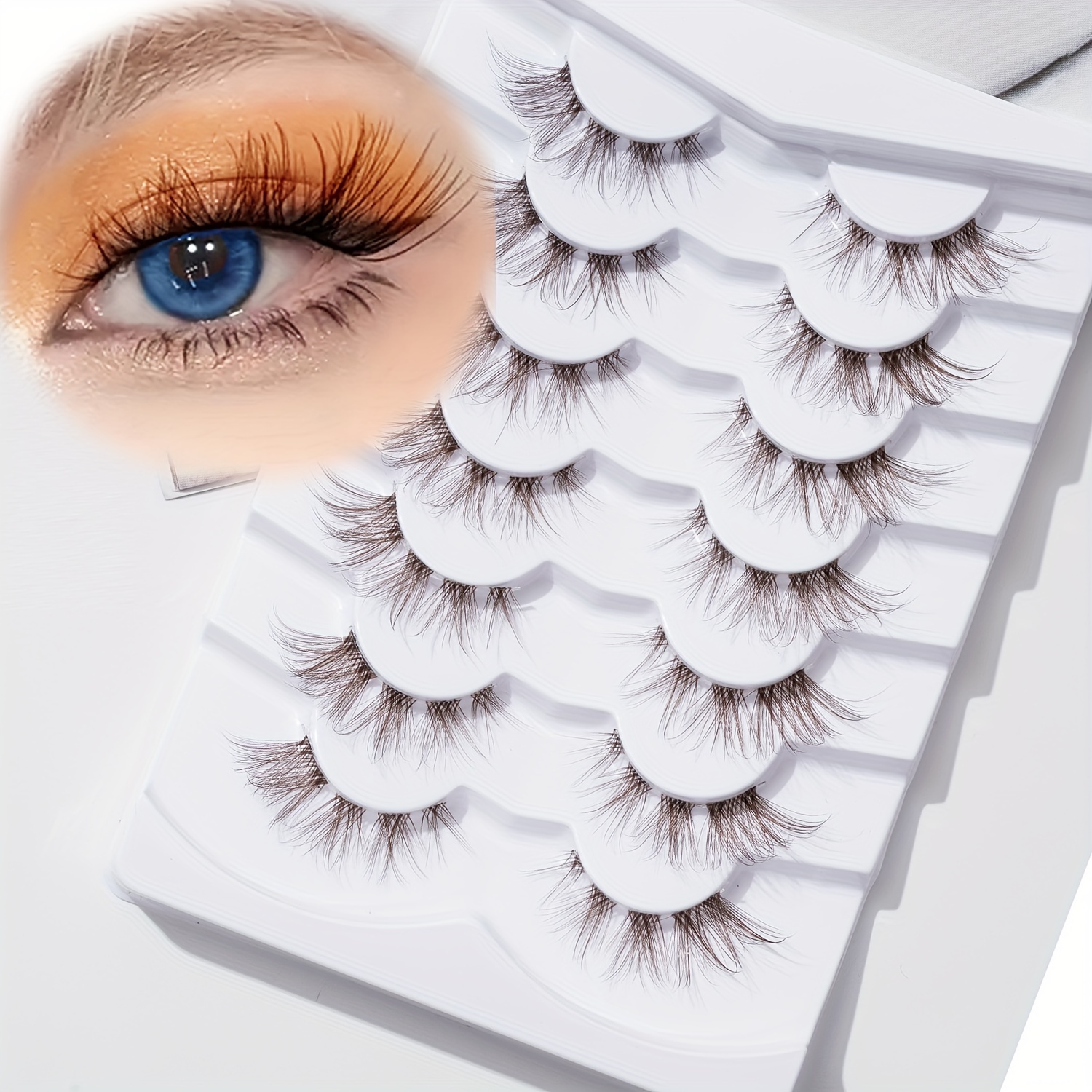 

7 Pairs False Eyelashes Three-dimensional Segmented Eyelashes Transparent Stem Brown Color Crossed Style False Eyelashes