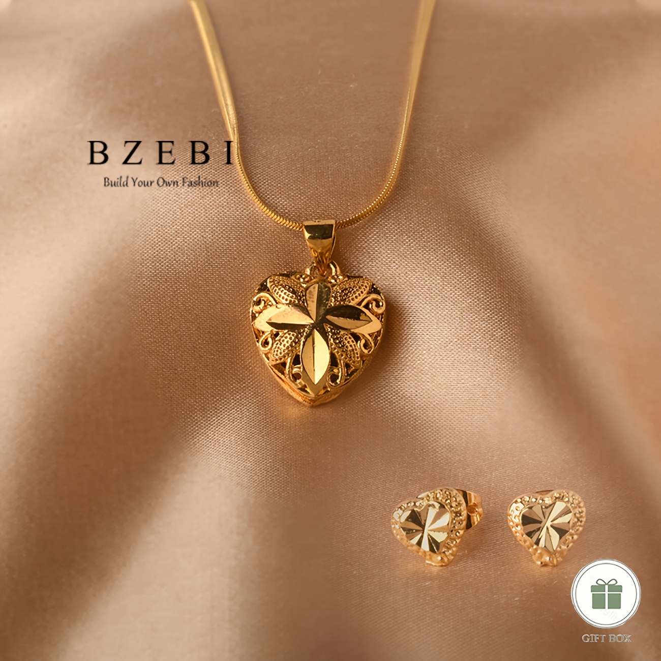 TEMU 18k Golden Plated 2pcs Heart Jewelry Set Necklace Earrings Fashionable Minimalist Women S Birthday Christmas Day Valentine's Day Adjustable Gift With Gift Box 379n+328e